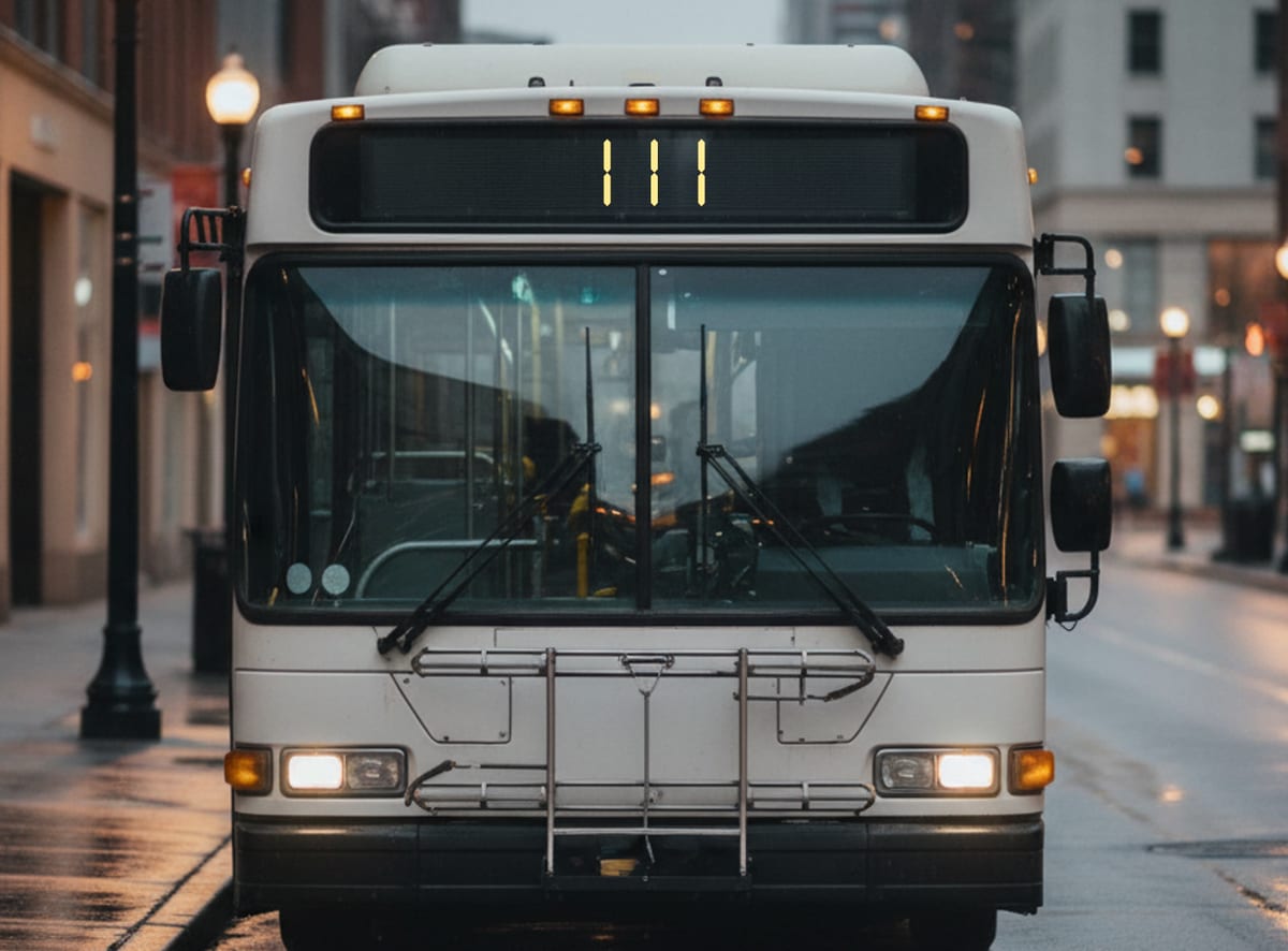 The front of a city bus at a wet curb, its route sign reading 111.