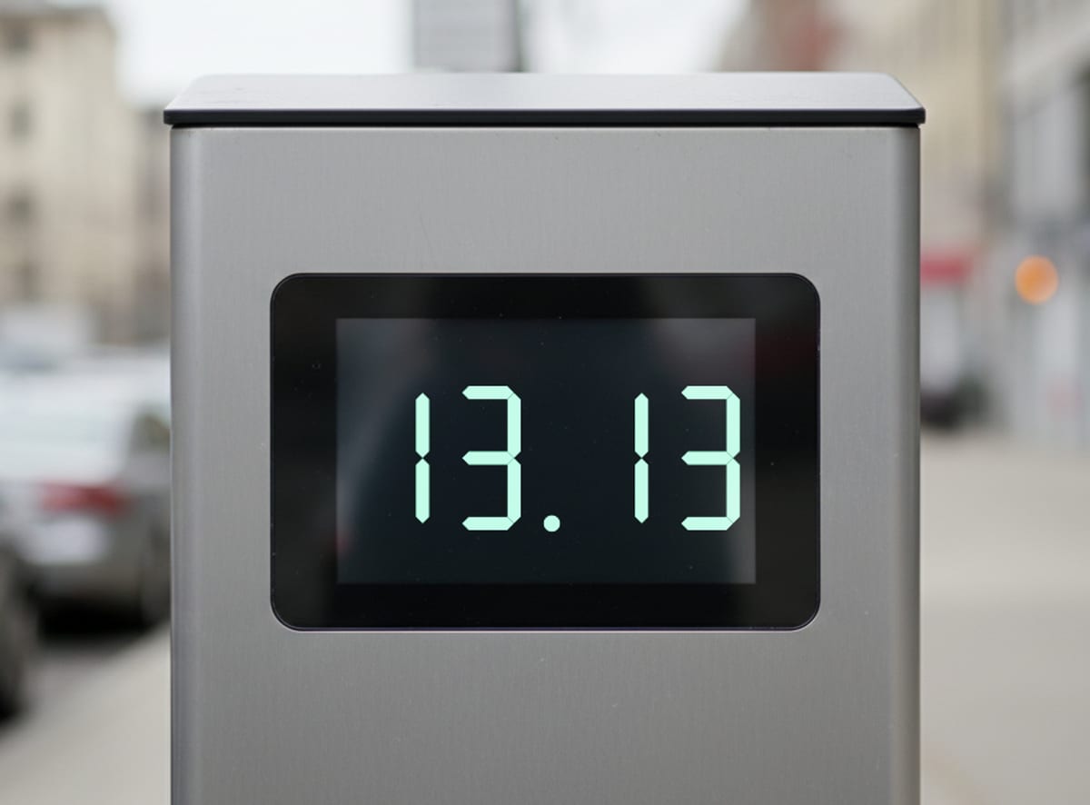 A parking meter display reading 13.13 on a city street.