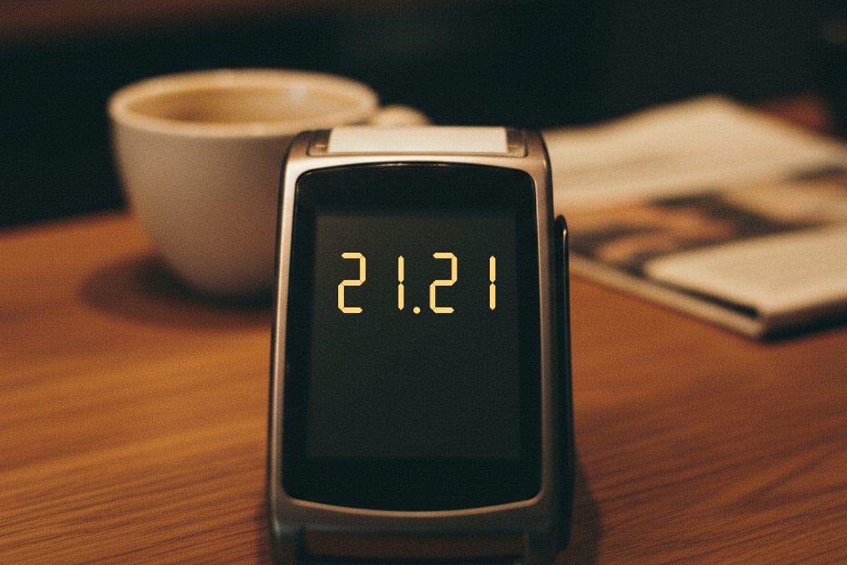A card payment terminal on a cafe counter showing 21.21.