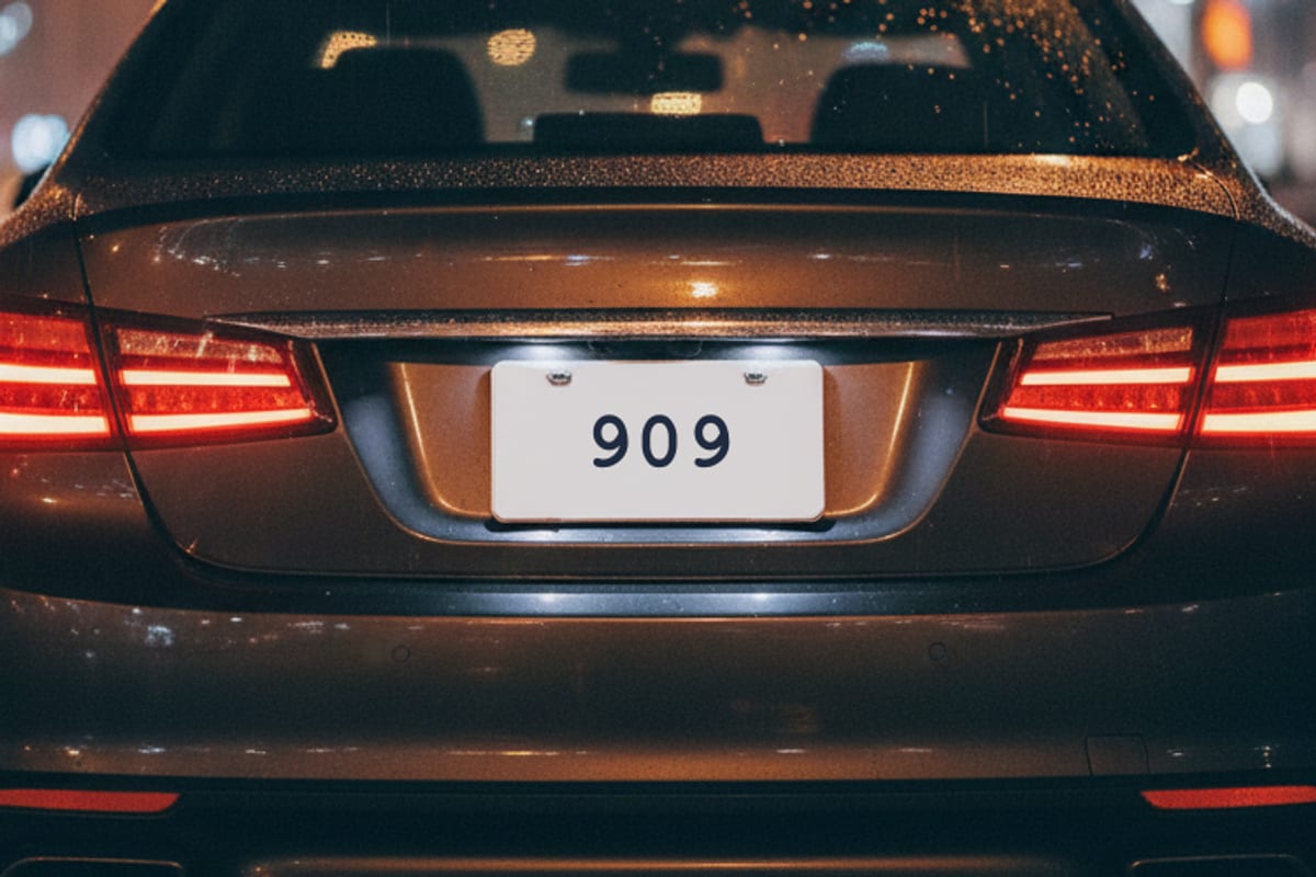 The rear of a car at night with a license plate reading 909.