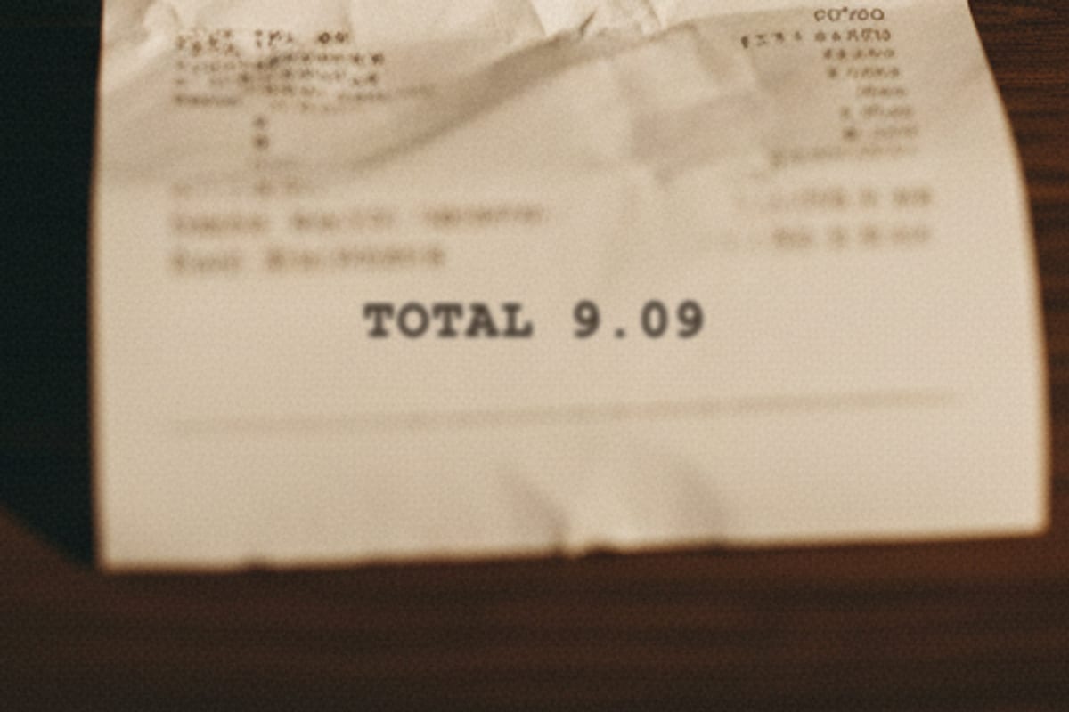 A till receipt on a cafe counter with a total of 9.09.