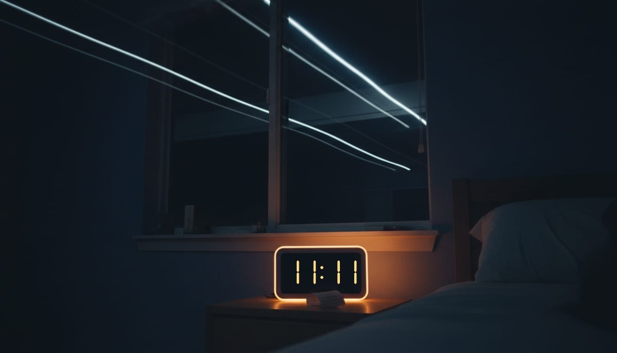 A bedside clock glowing 11:11 in a dark bedroom, one of the everyday places angel numbers turn up.